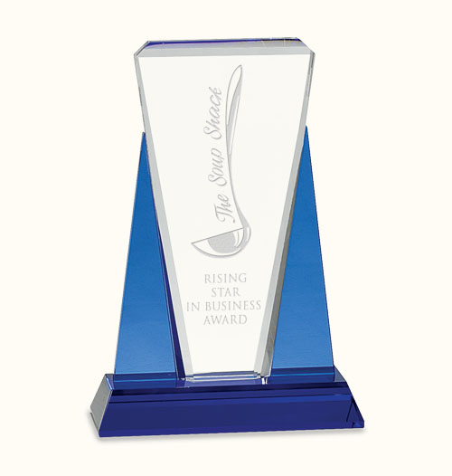 6 x 8.5 Blue Clear Wedge Crystal on Blue Pedestal Base