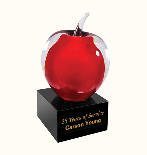 5 3/4 Red and Clear Art Glass Apple Award with Black Base